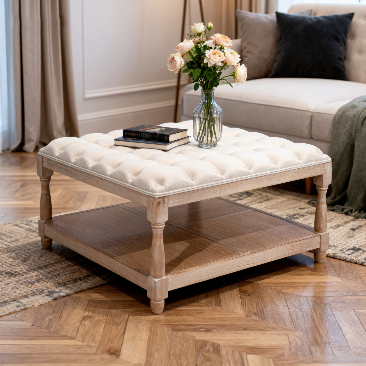 Beige Linen Square Tufted Storage Ottoman, 33.5 in