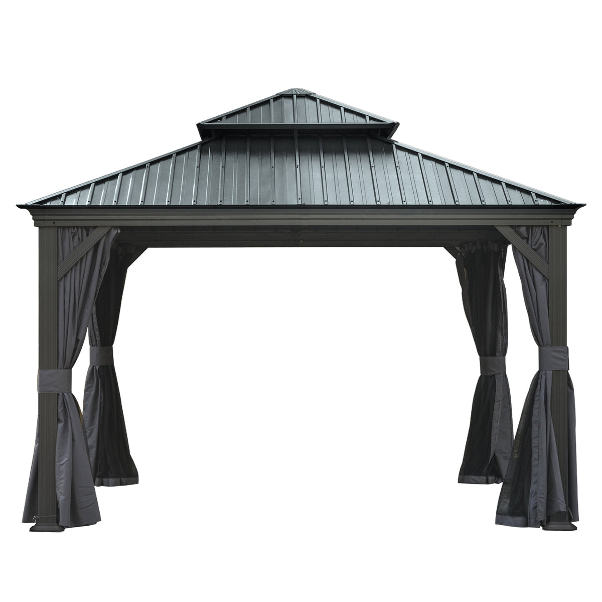 12x12 ft Gray Hardtop Gazebo with Netting and Curtains
