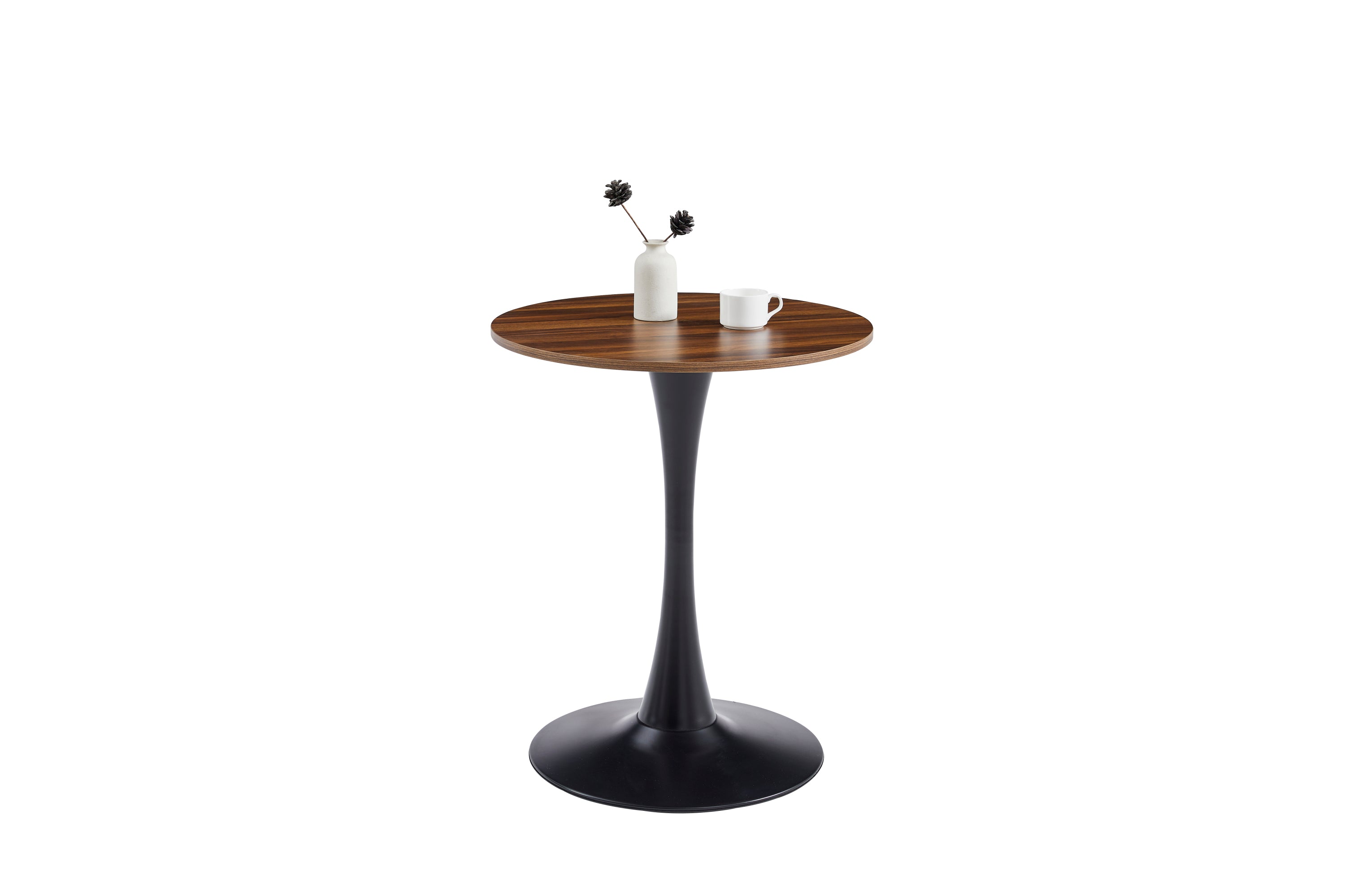 Front studio view of dark wood-grain round bistro table with vase and cup on top