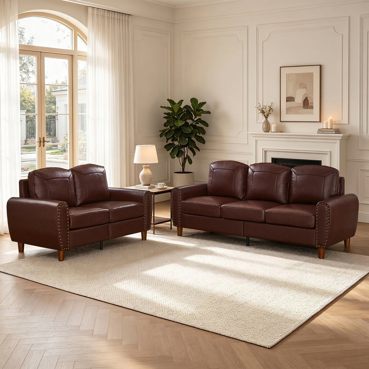 Burgundy Vegan Leather Sofa and Loveseat Set