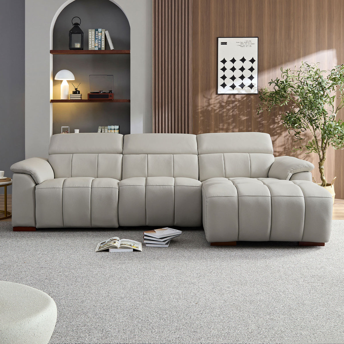 Gray Genuine Leather Power L-Shaped Reclining Sectional, Right-Facing