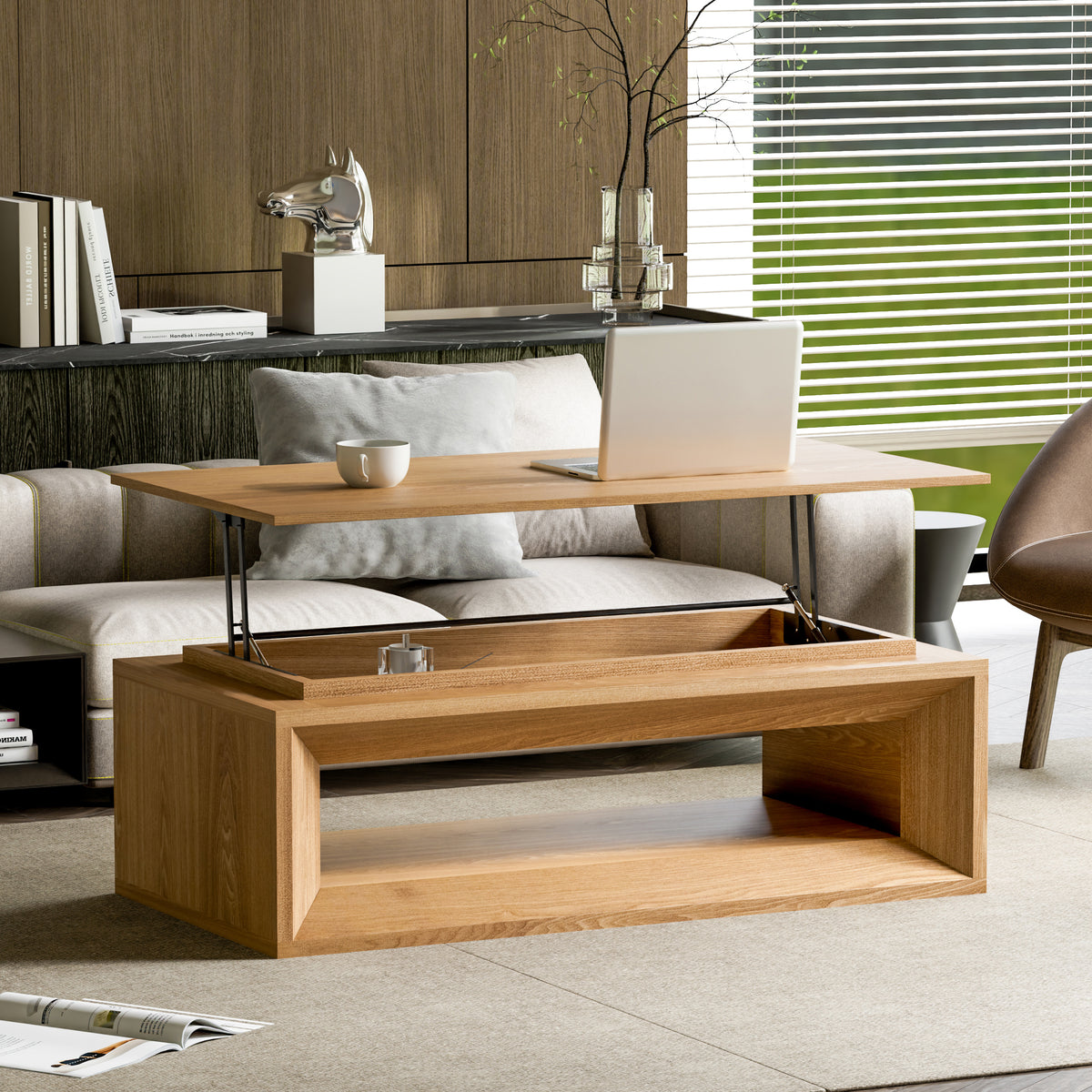 Natural Rectangular Lift-Top Coffee Table, 43.3 in