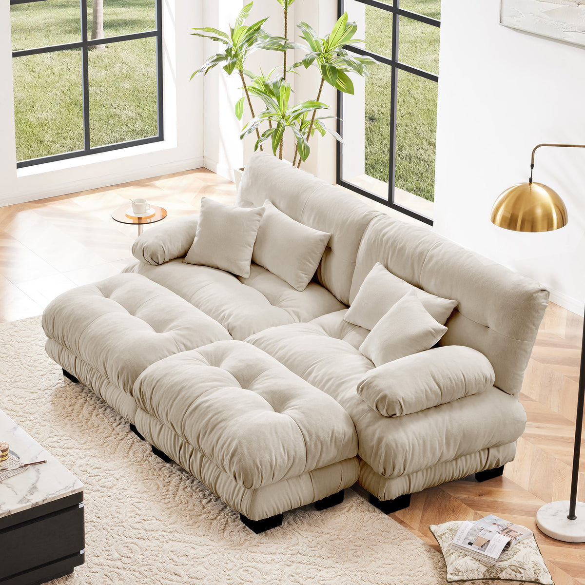Brown Chenille 2-Seat Couch with 2 Ottomans