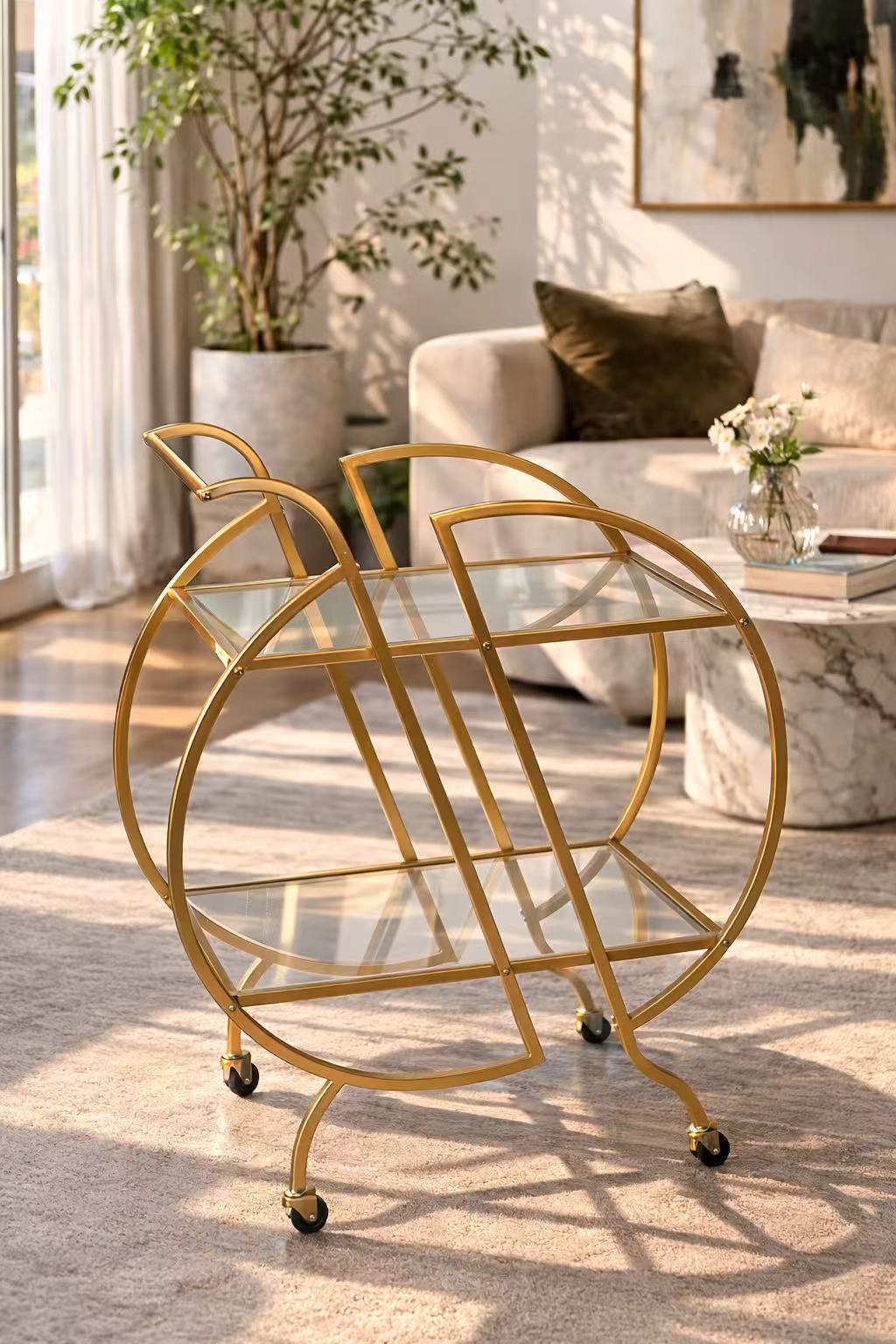 Gold Round Bar Cart, Metal Frame, 2 Glass Shelves with Wheels