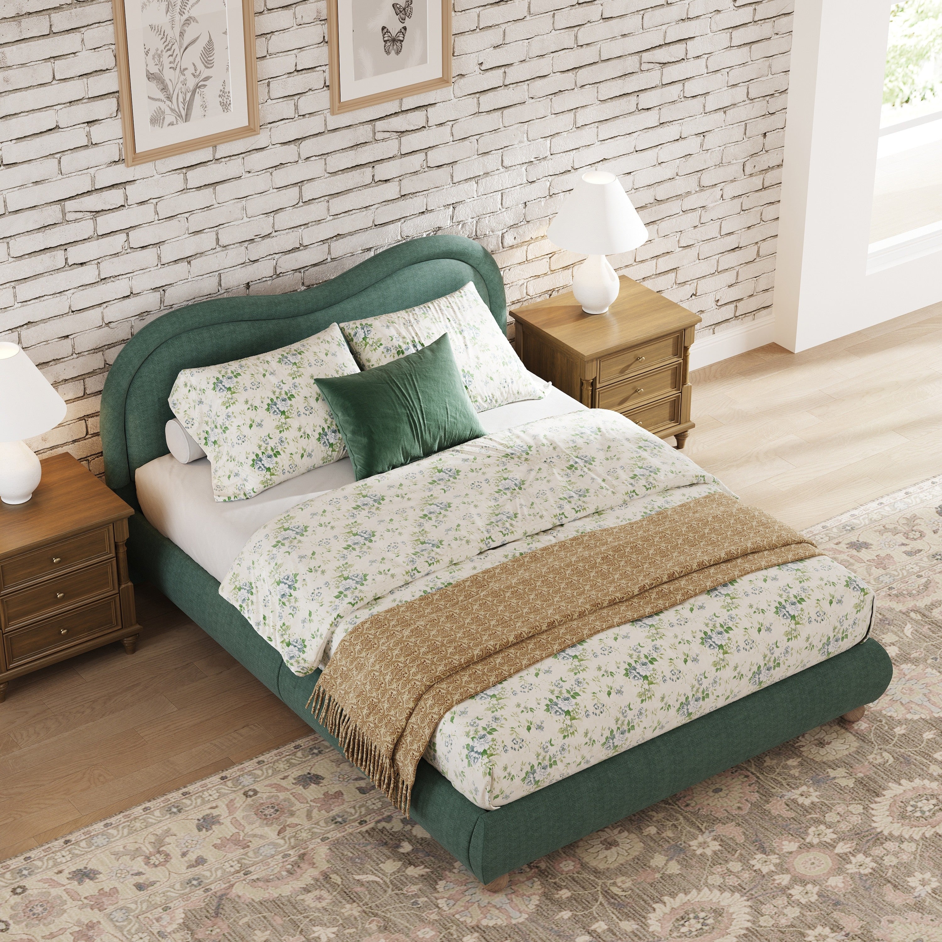 Overhead angled view of the olive green queen upholstered bed frame with floral bedding and a green pillow #Color_Olive Green