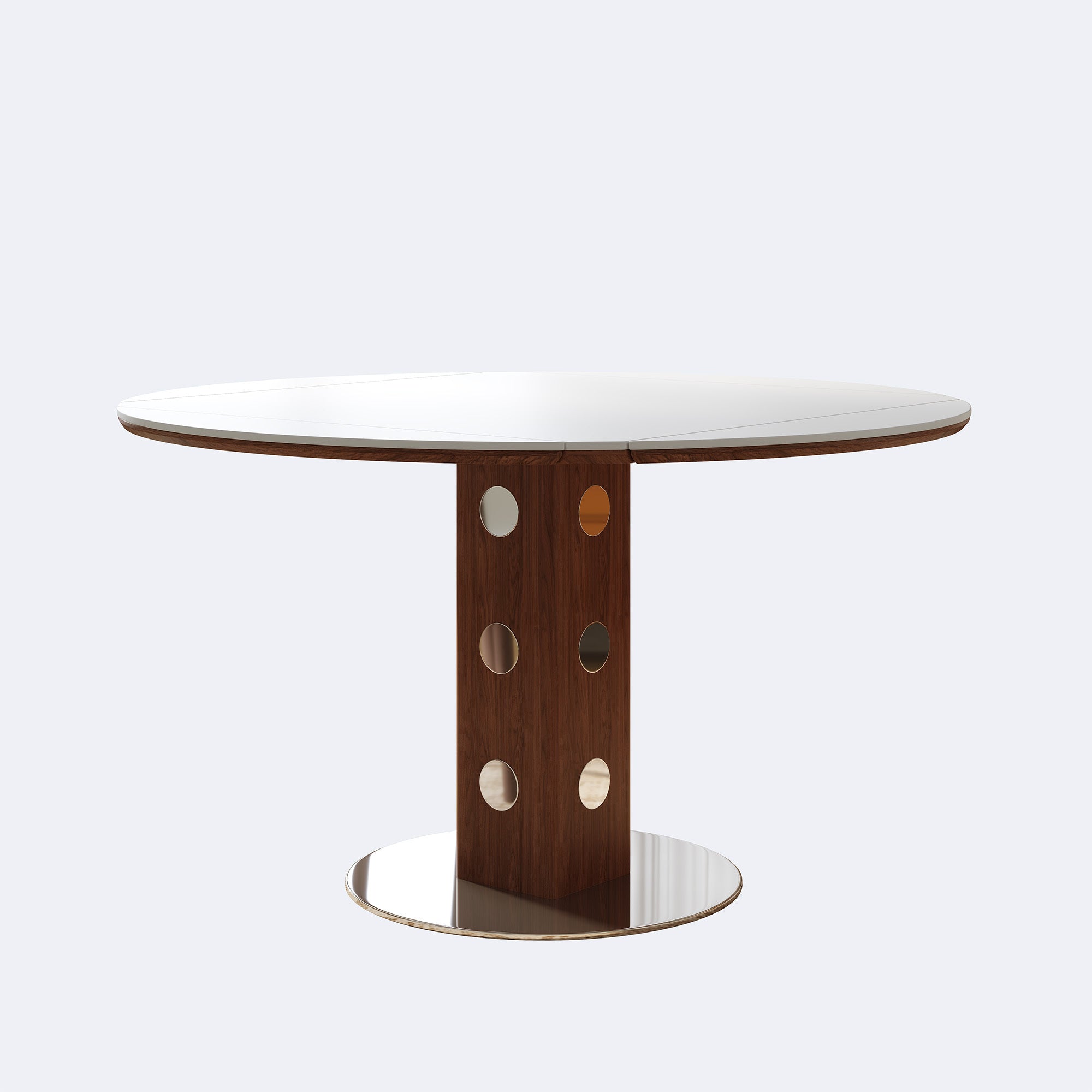 Front studio view of the white round table on walnut column and chrome disc base