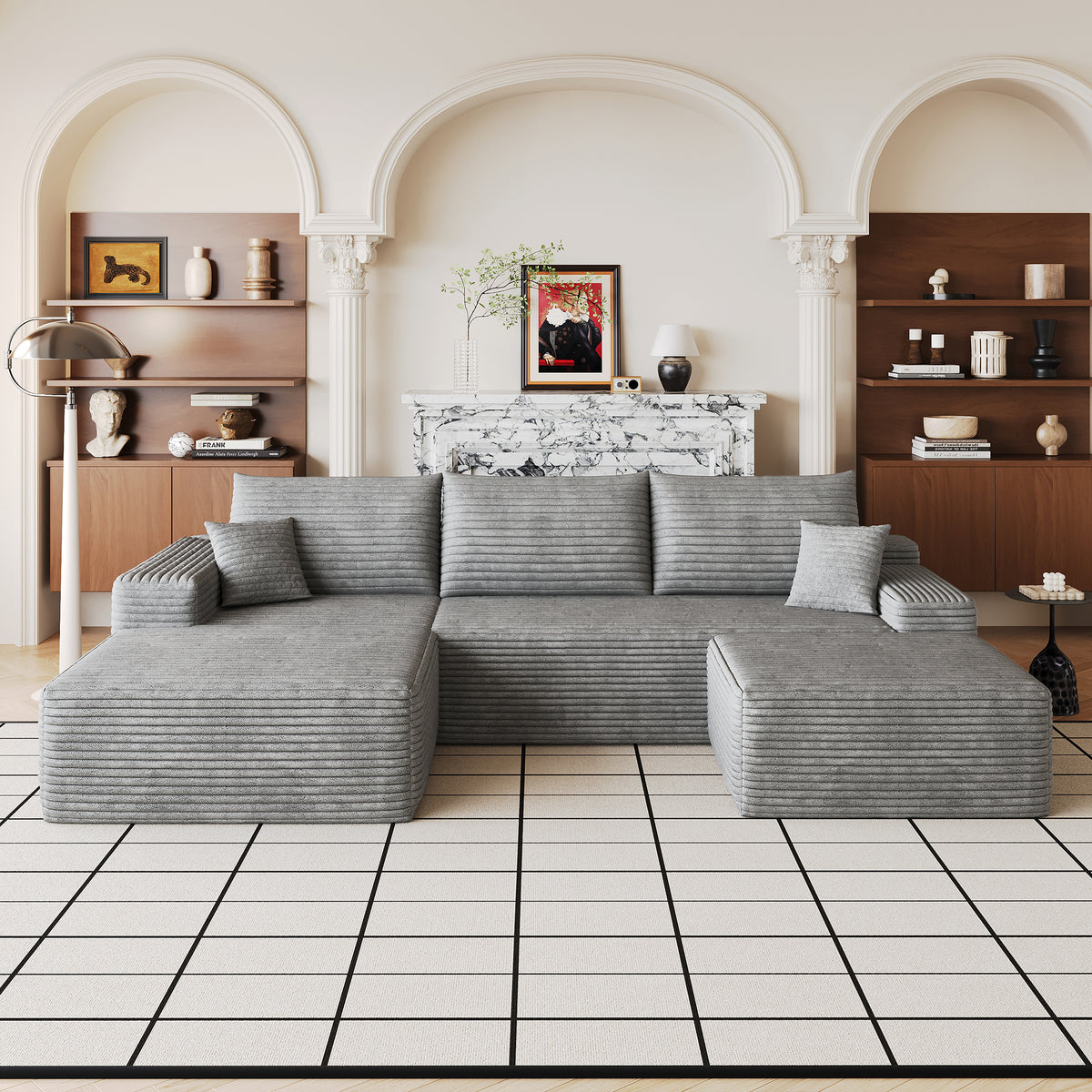 Gray Corduroy U-Shaped Sectional with Ottoman, Left-Facing