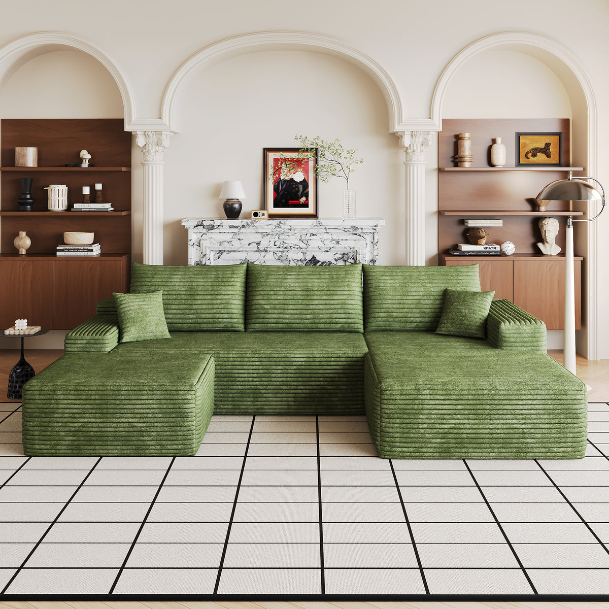 Green Corduroy U-Shaped Sectional with Ottoman, Right-Facing