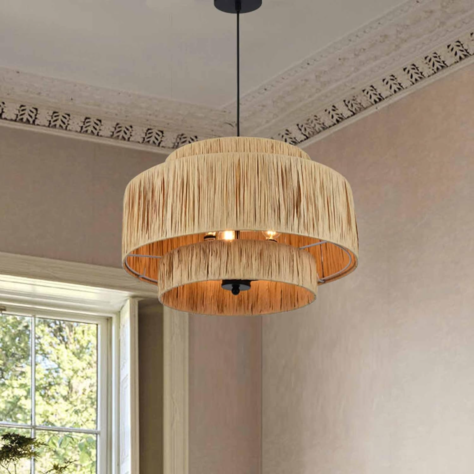 Chandelier, 3-Light Boho Rattan, Natural Brown