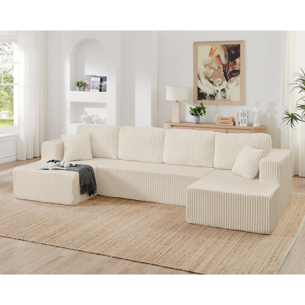 Beige Corduroy U-Shaped Modular Sectional Couch, No Assembly