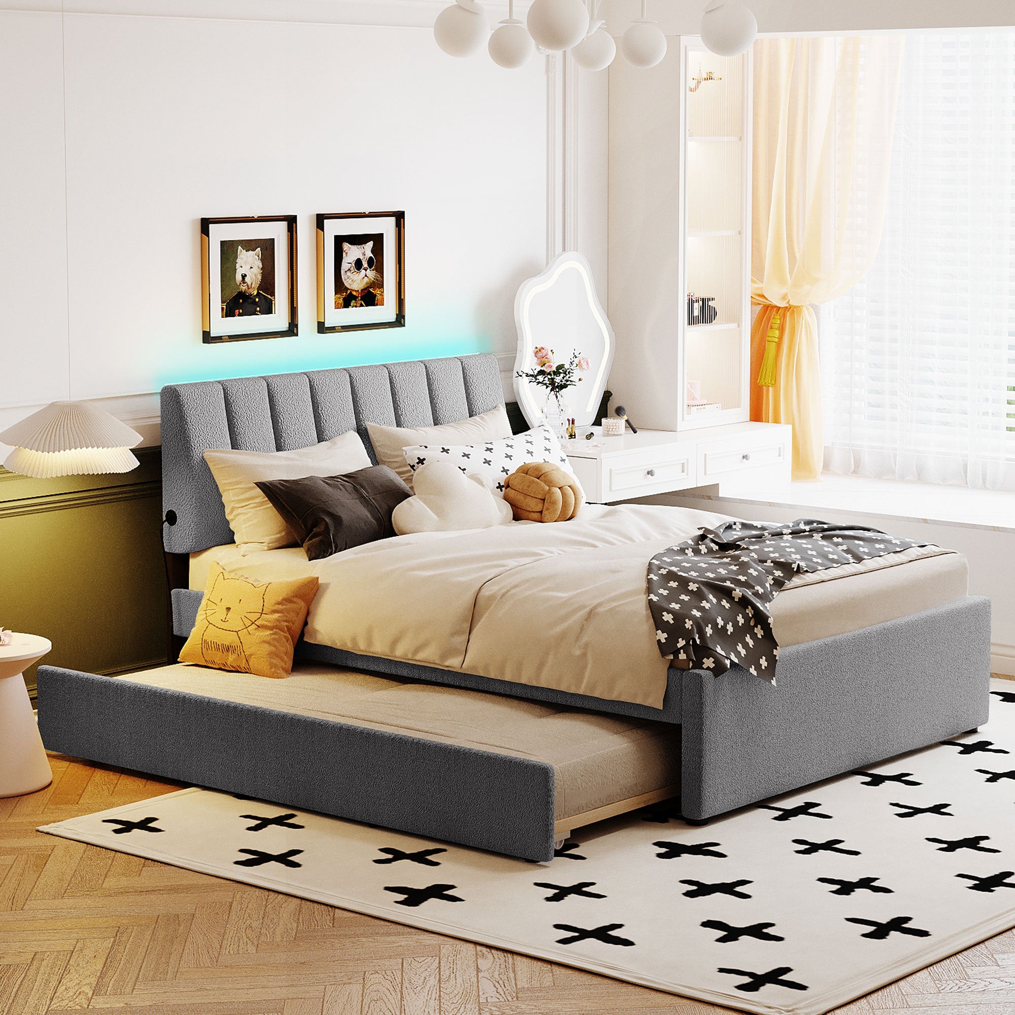Full Size LED Bed Frame with Twin Trundle, Gray Teddy Fleece