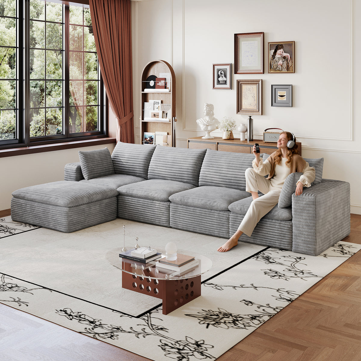 Gray Corduroy Modular 5-Seat Couch, No Assembly, 134 in Wide