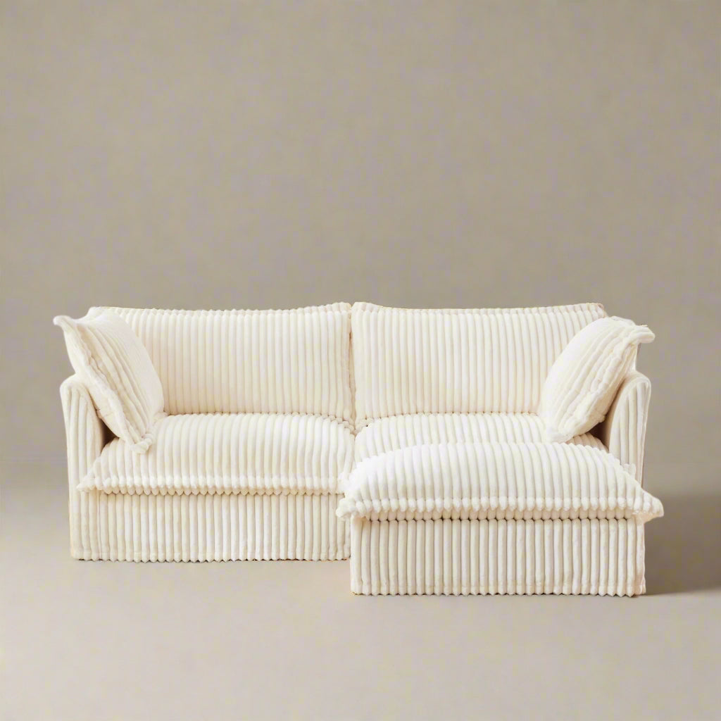 Fluffy 2-Seat Corduroy Modular Sofa – Cream with Ottoman, Washable