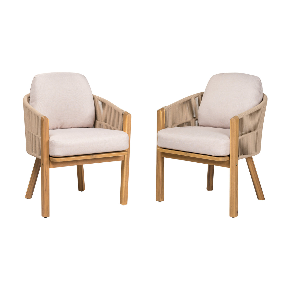 Teak Finish Solid Wood Outdoor Dining Chair with Cushions, Set of 2, Rope Weave