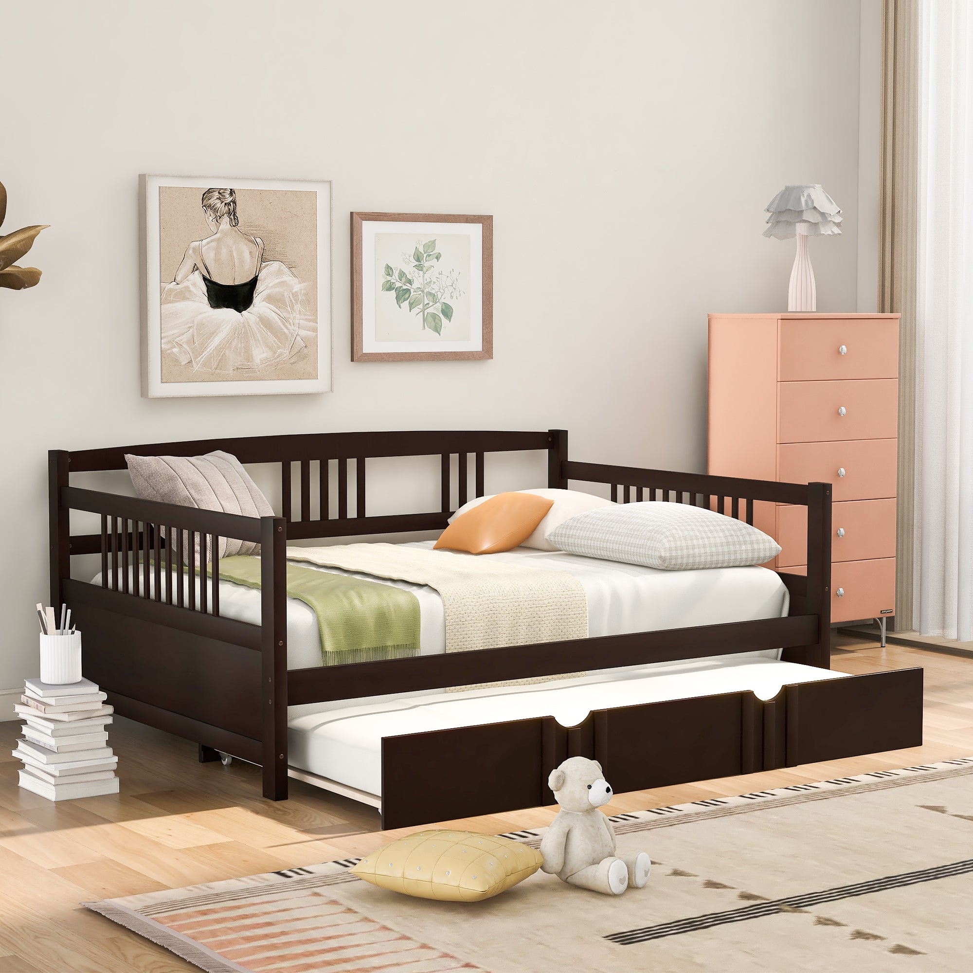 Full Size Daybed with Trundle, Solid Wood, Espresso