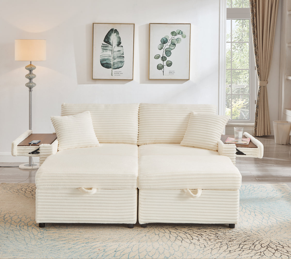 White Corduroy Couch with Ottoman, 69 in Wide