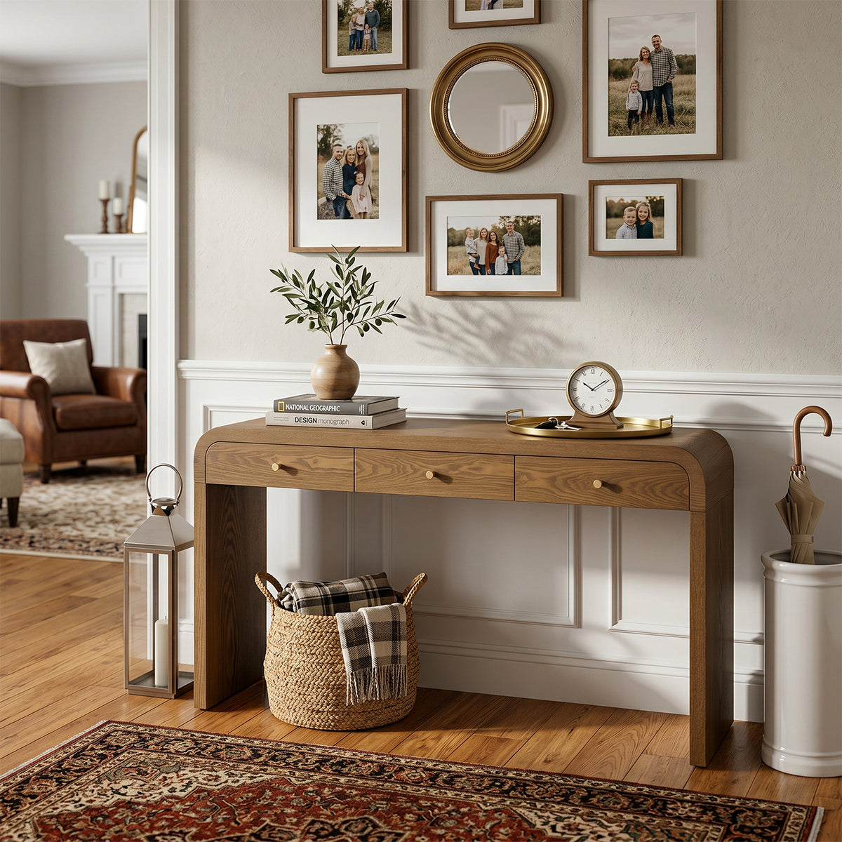 Walnut Entryway Console Table, 3 Drawers, 59 in Wide