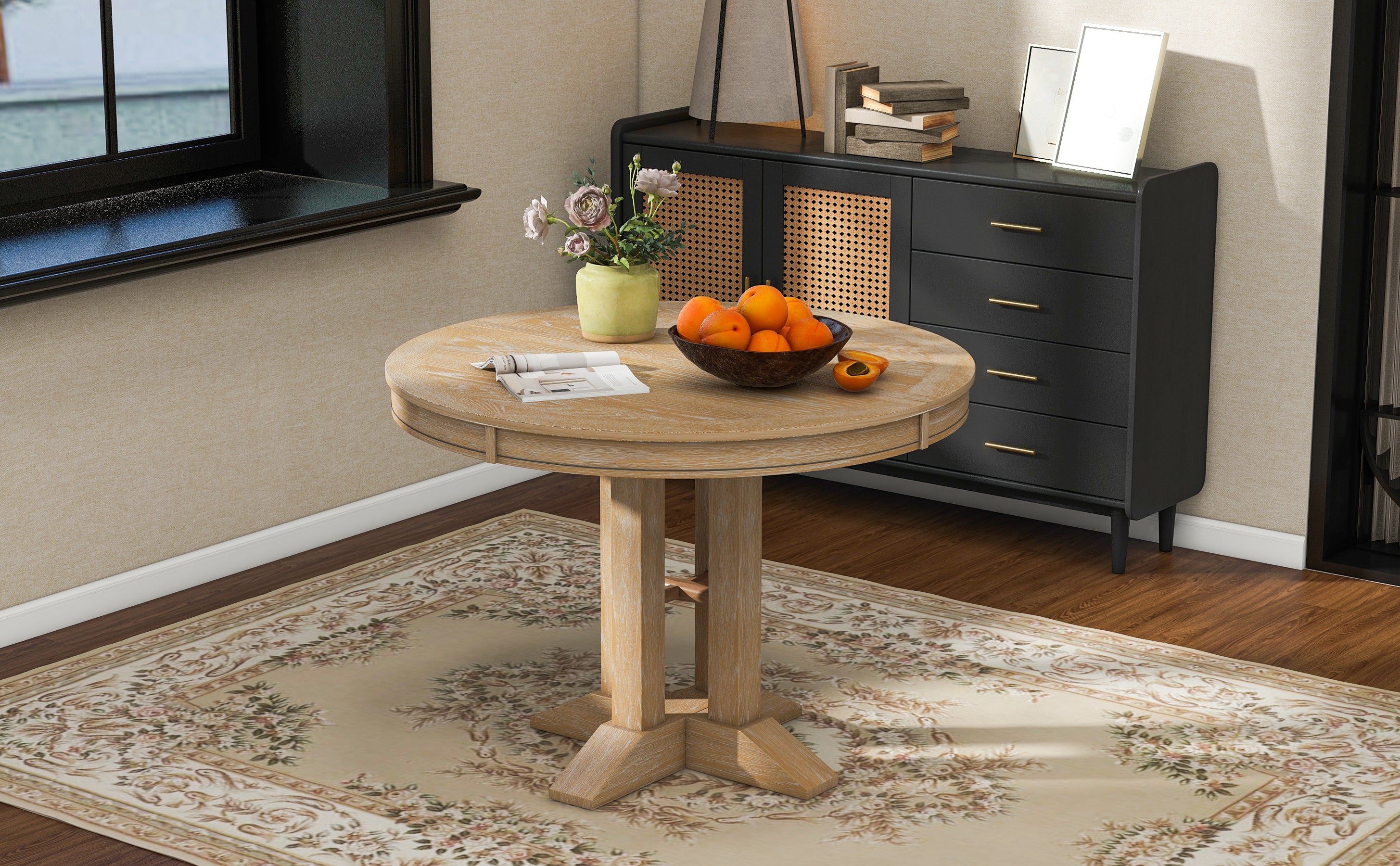 Natural oak round dining table, front elevation on white studio background