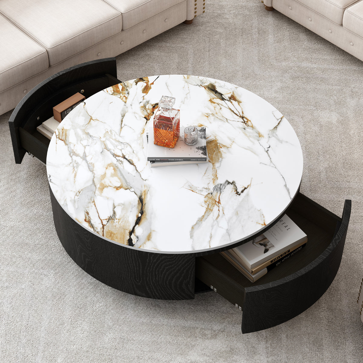 Black Sintered Stone Round Coffee Table, 2 Drawers, 35.4 in