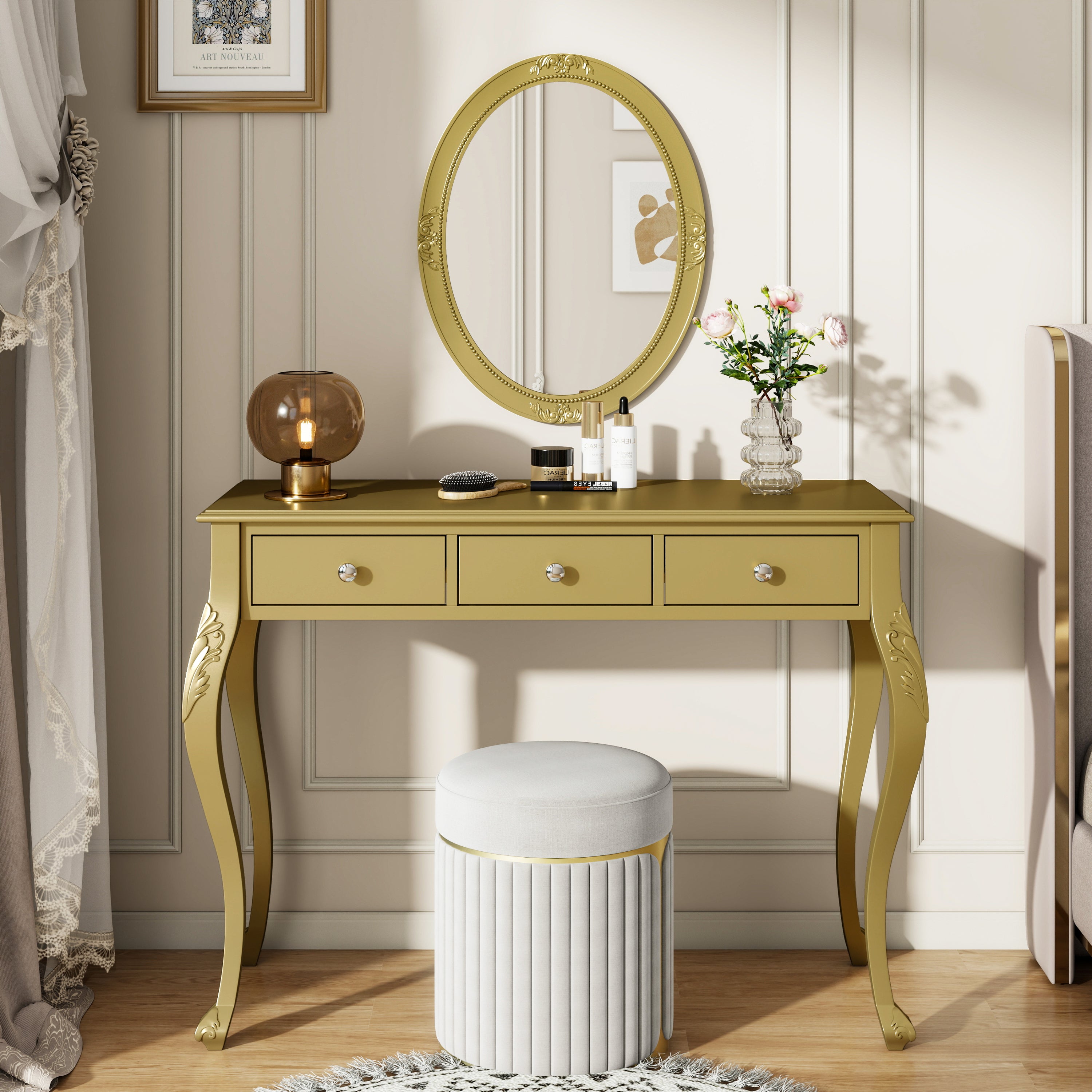 Gold Vanity Desk with Oval Mirror and 3 Drawers