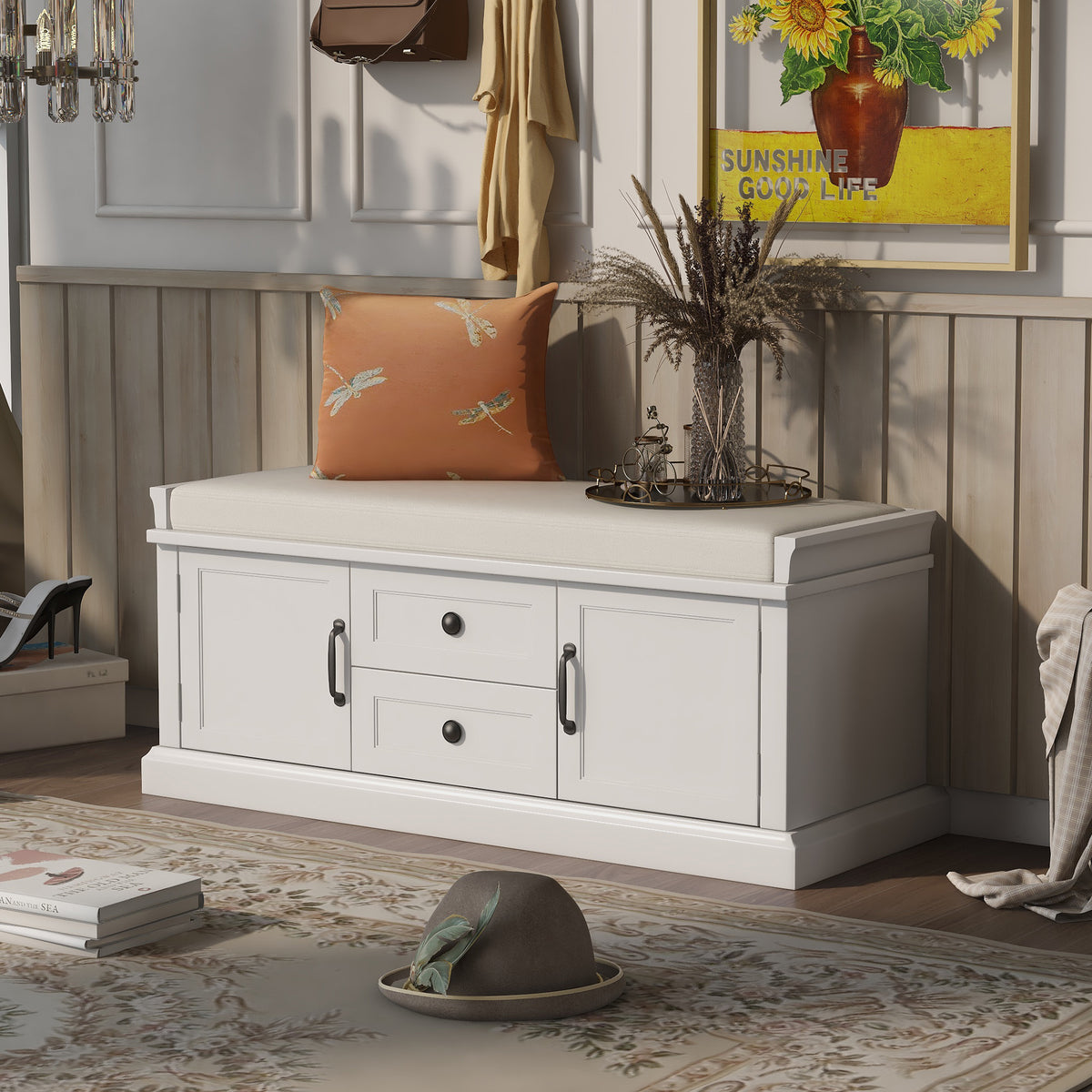 White Shoe Storage Bench, 42.5 in Wide