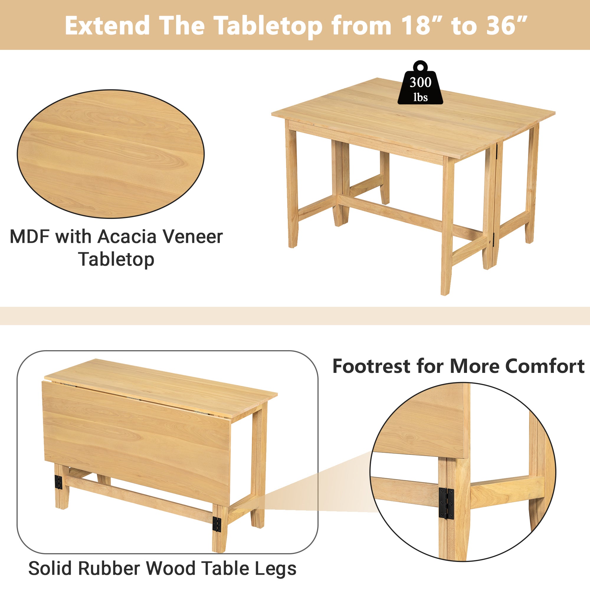 Feature graphic showing the table extending from 18 to 36 inches with MDF acacia veneer top and rubberwood legs