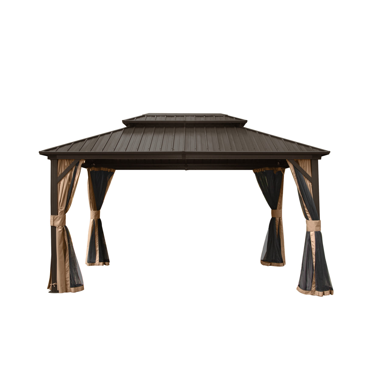 10x12 ft Brown Aluminum Double Roof Hardtop Gazebo with Netting and Curtains