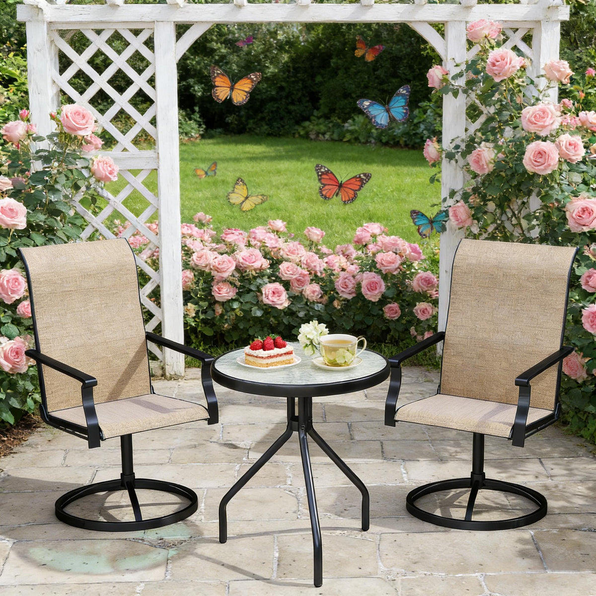 Metal Outdoor Swivel Chair, Set of 2, 42.5 in Tall, Black and Brown
