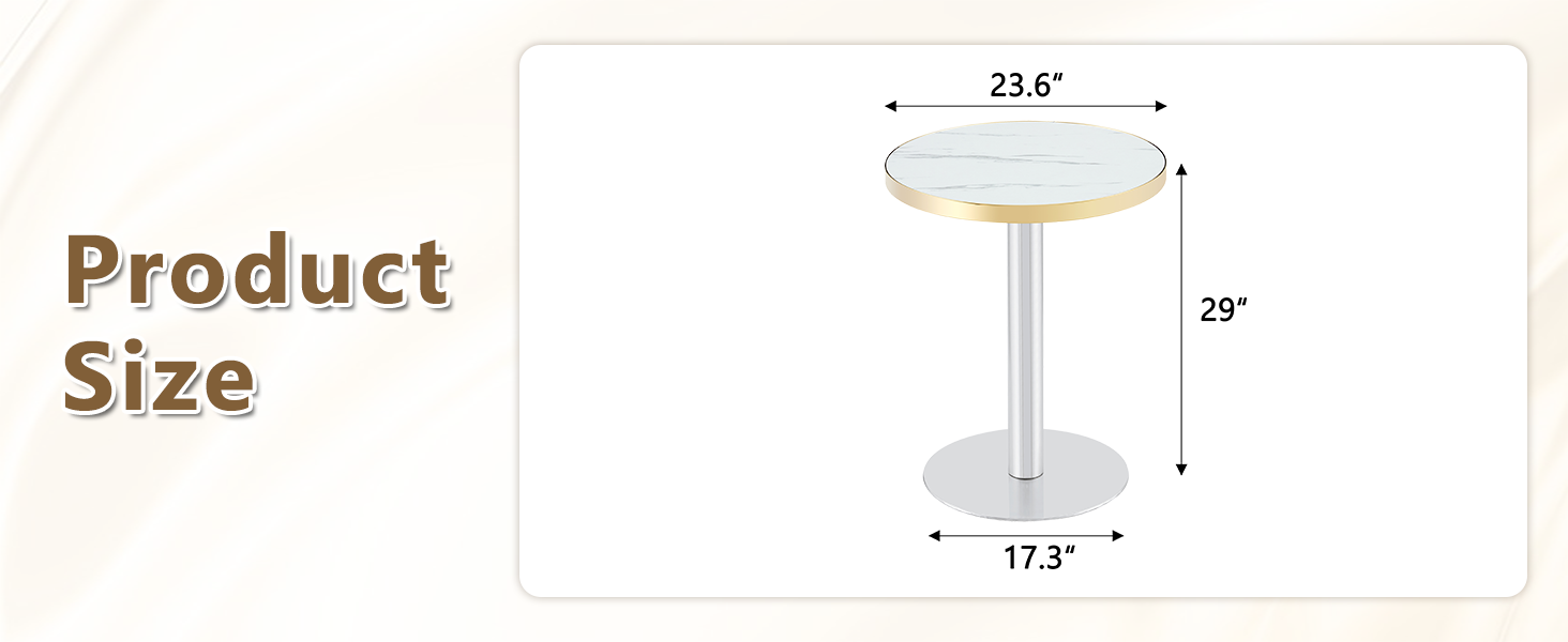 Product size diagram of the white faux marble bistro table, 23.6 inch top and 29 inch height