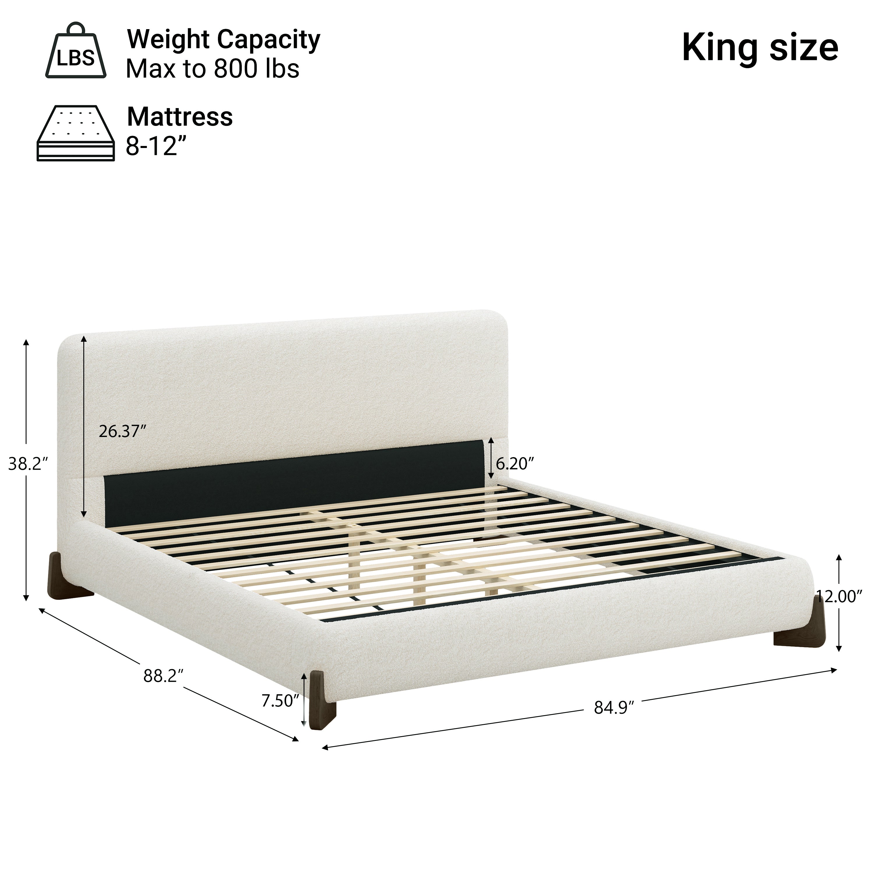 Weight capacity and king size diagram for white bouclé bed frame