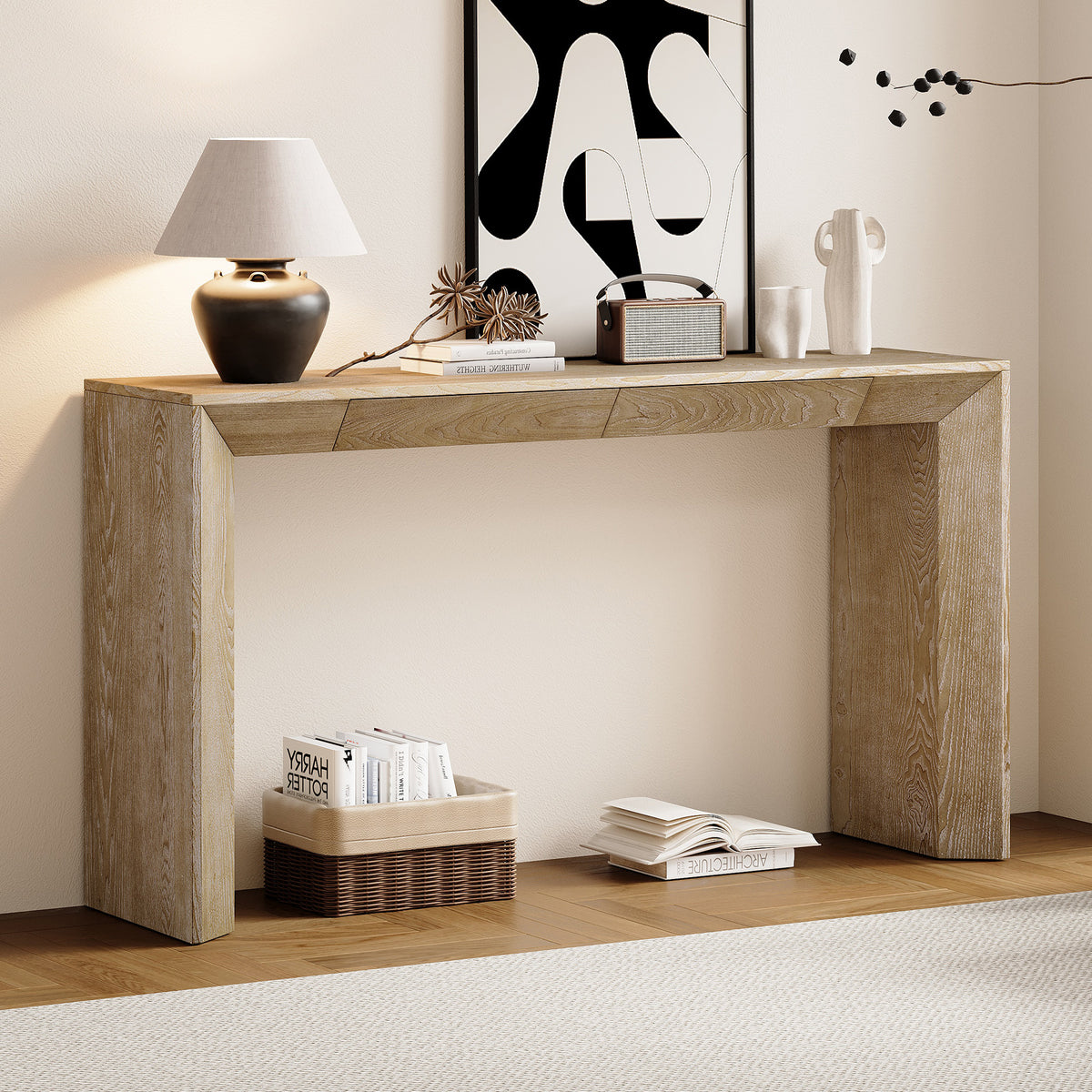 Natural Entryway Console Table, 60 in Wide, Waterfall Edge