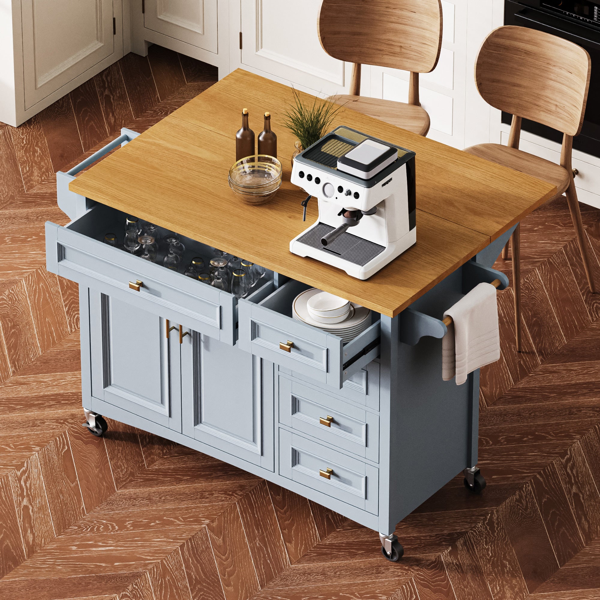 Kitchen Island with Drop-Leaf, Blue-Grey, 5 Drawers & Oak Top, 52in