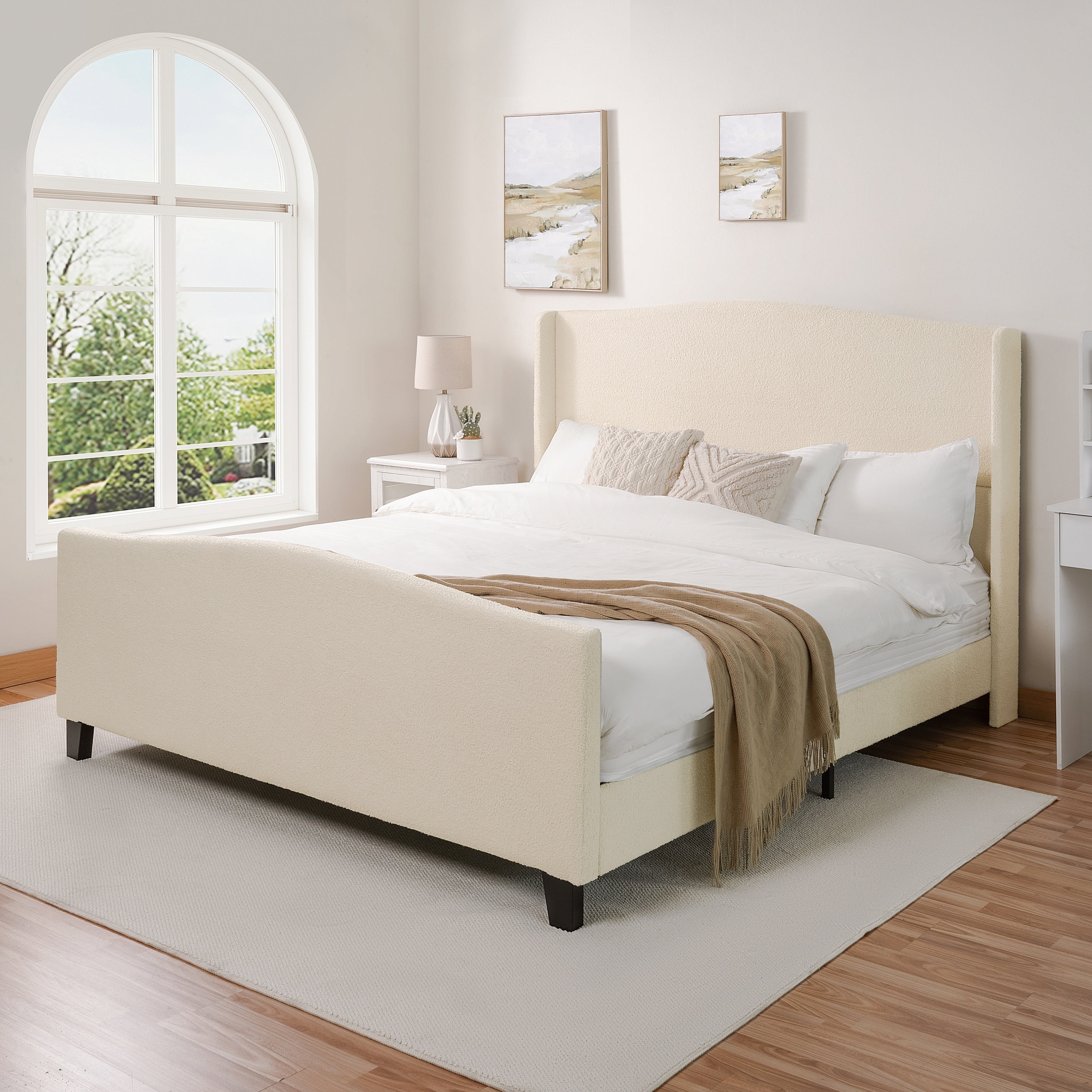 White teddy velvet king platform bed frame angled view with visible slats