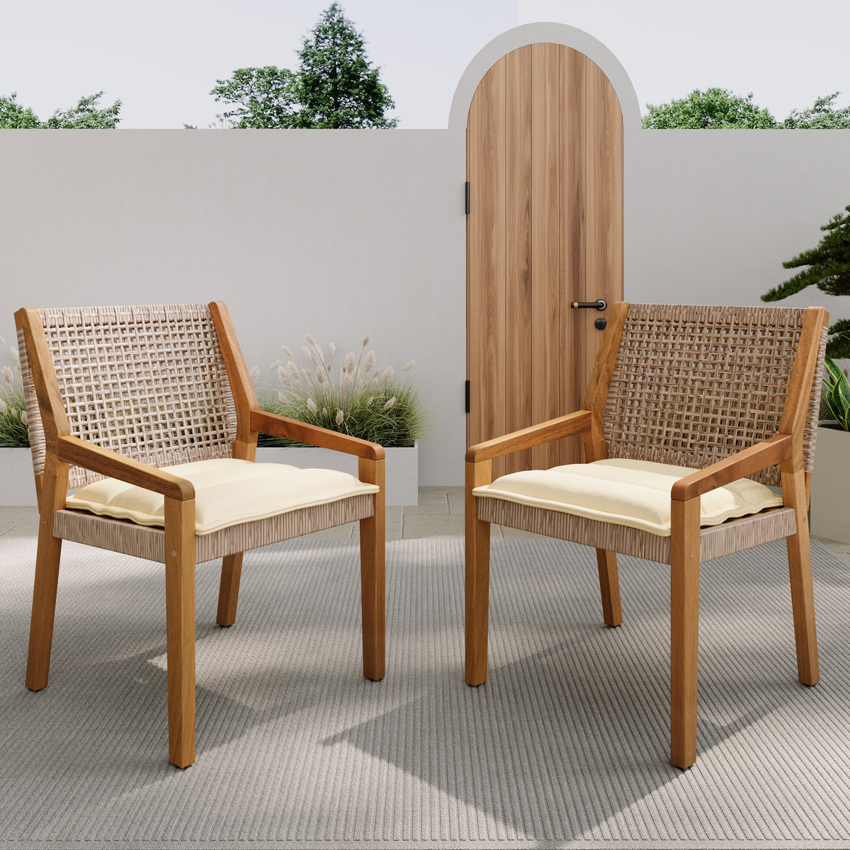 Teak Finish Solid Wood Outdoor Dining Chair, Set of 2, 32 in Tall