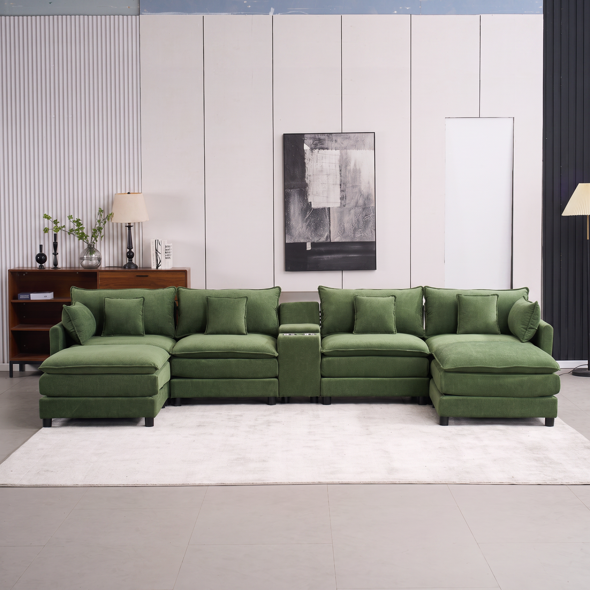 Green Chenille Modular Sectional Couch with 2 Ottomans, 142.5 in Wide