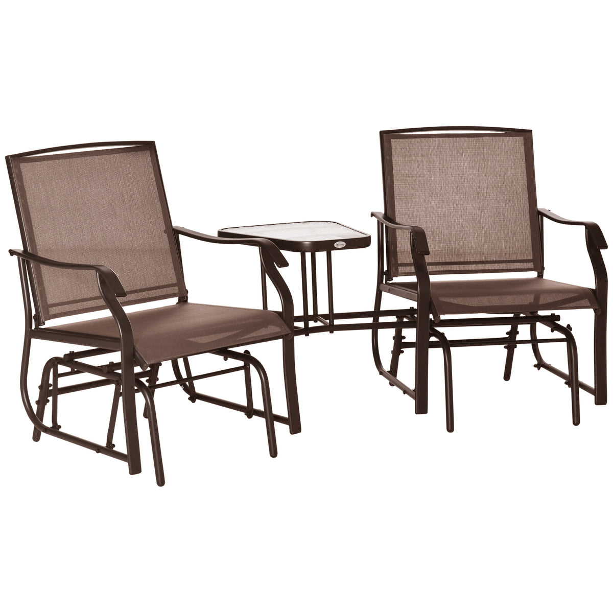 Brown Metal Outdoor Glider Bench for 2 with Coffee Table