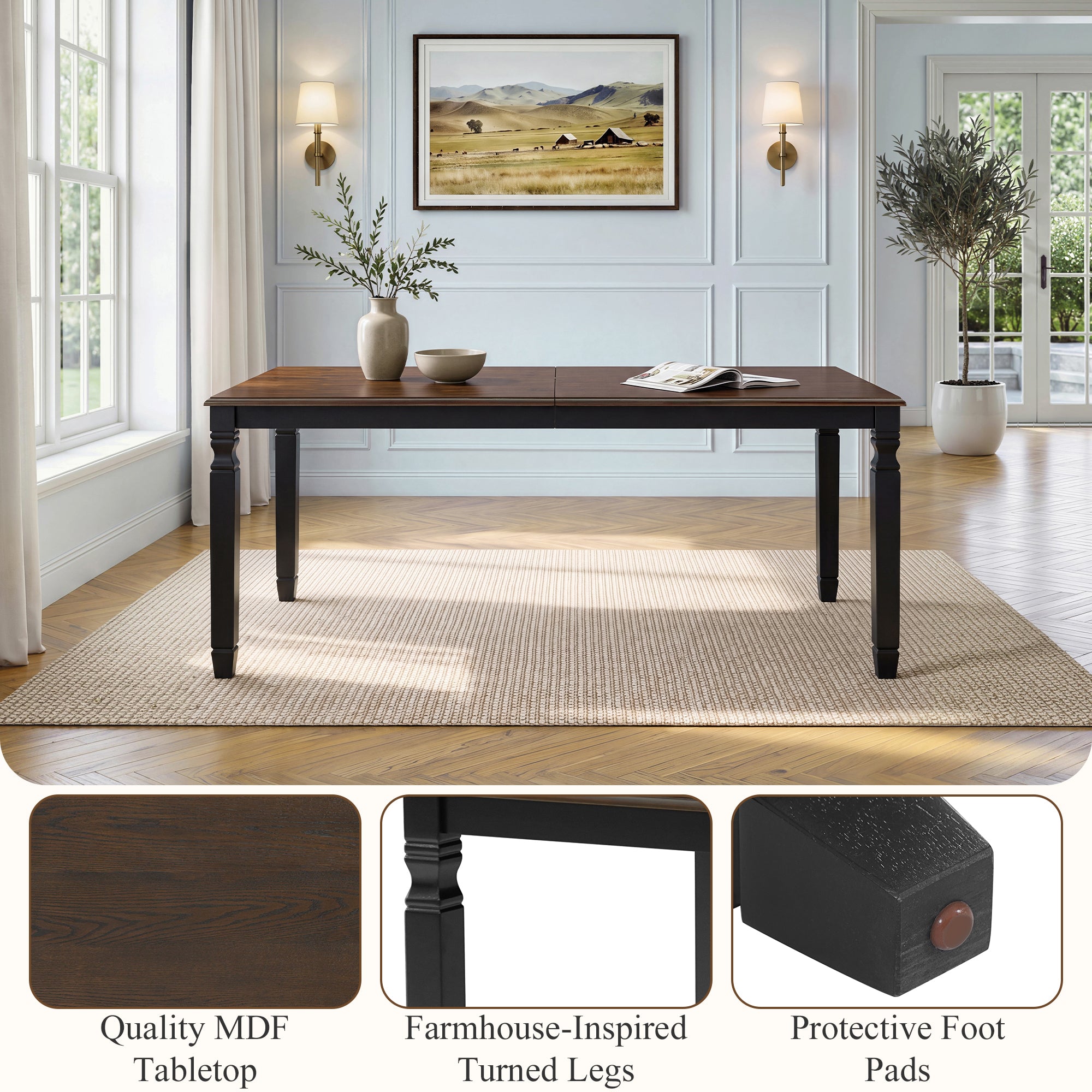 Feature graphic showing the MDF tabletop, farmhouse turned legs, and protective foot pads
