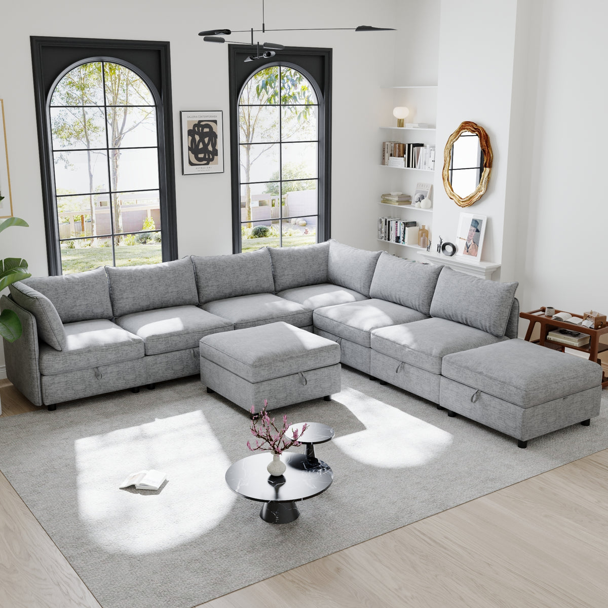 Gray Chenille Modular Sleeper Sectional with 2 Ottomans, 129 in Wide