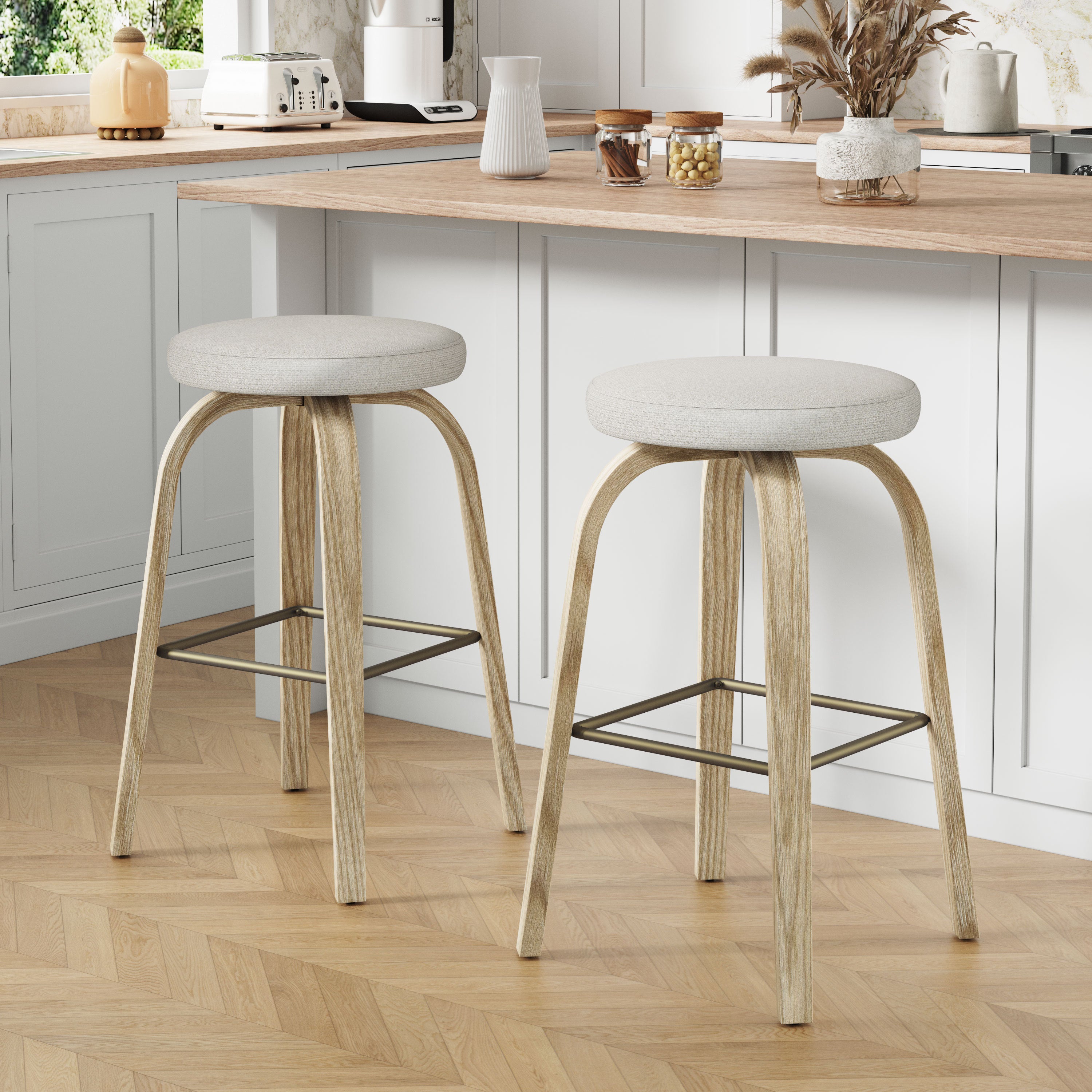 Swivel Bar Stools Set of 2, Beige, Backless 30 in