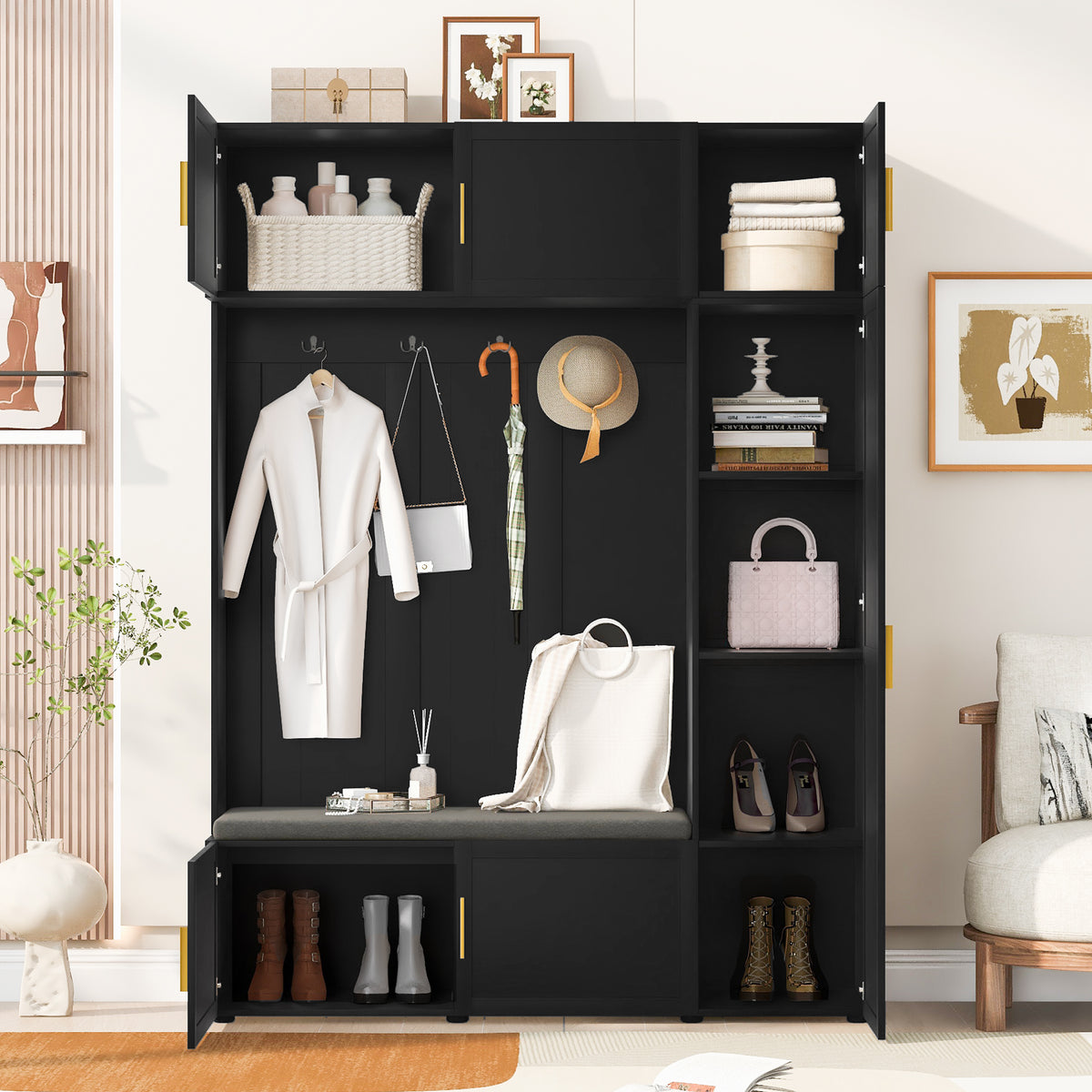 Black Hall Tree with Bench, 59.1 in Wide
