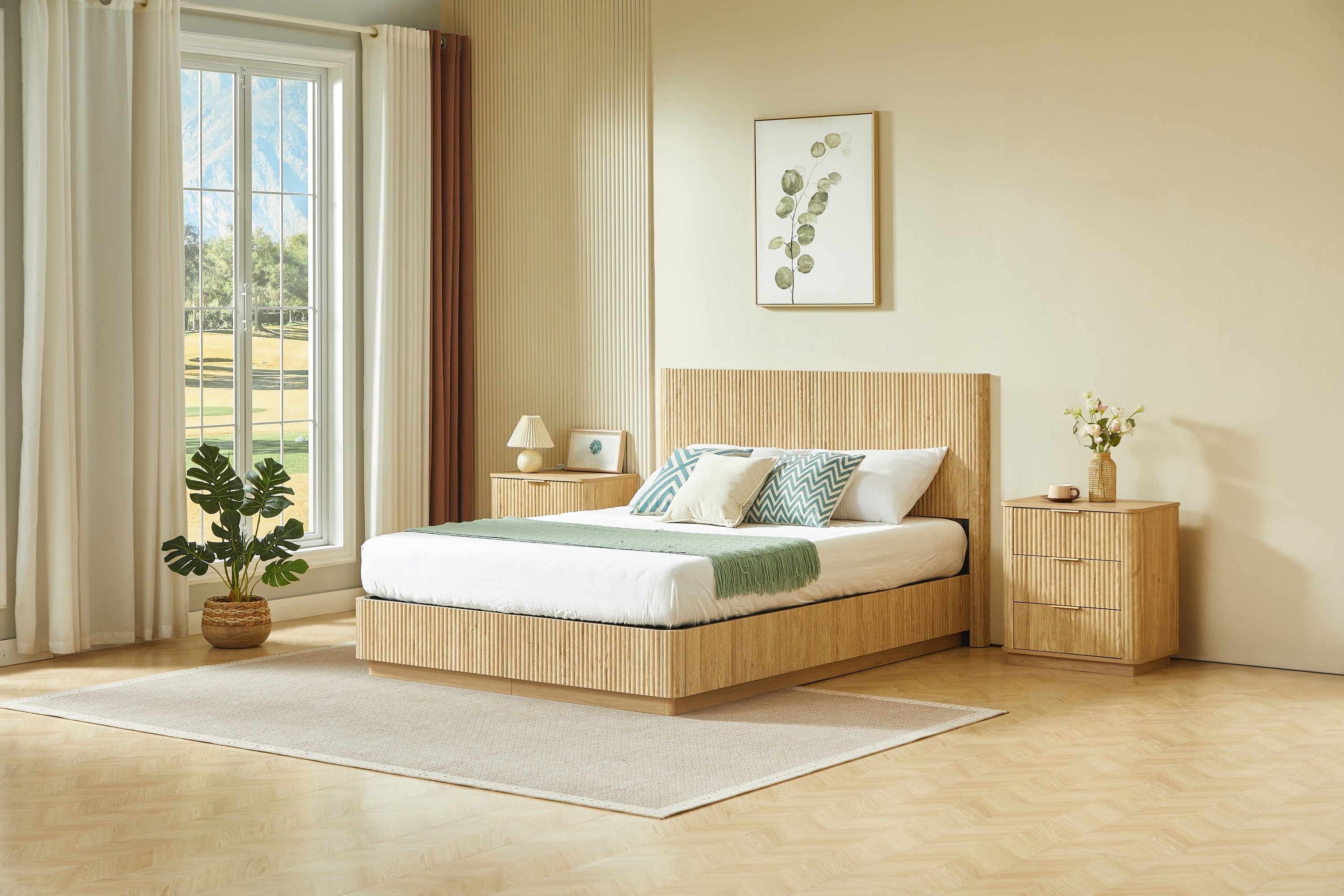 Front view of light oak fluted queen bed centered in a bright bedroom between two nightstands #Color_Oak