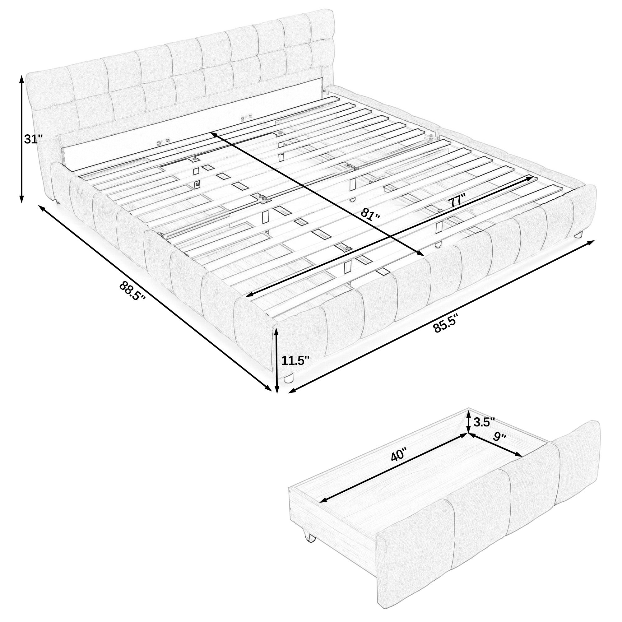 Dimension diagram of dark gray king bed frame with storage, 88.5 x 85.5 inches