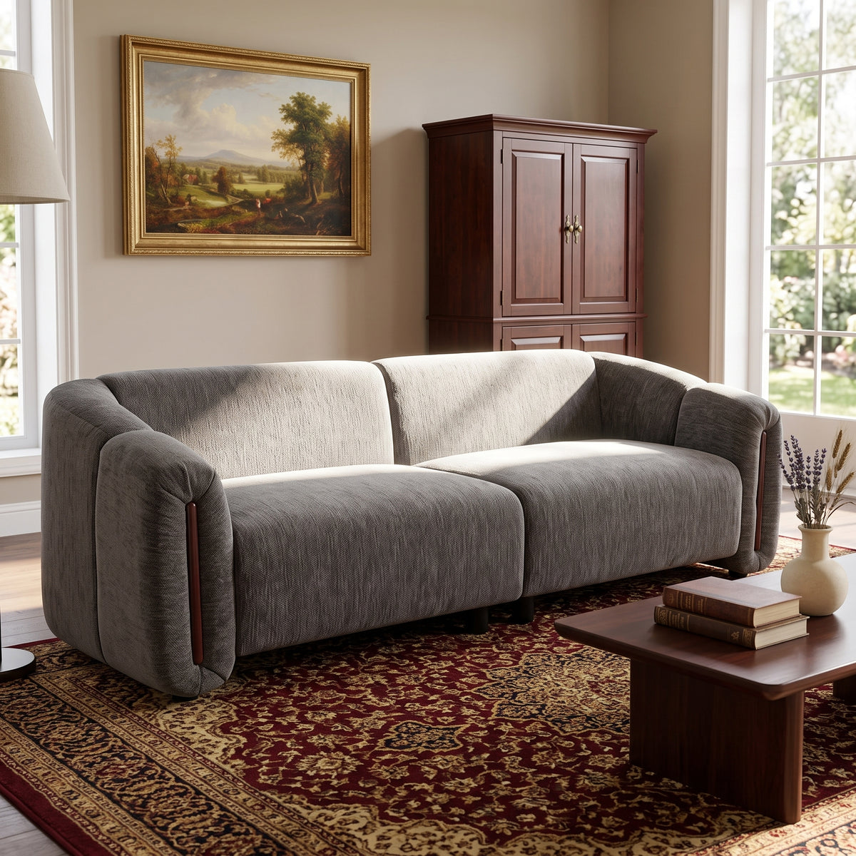 Brown Modular 3-Seat Curved Sofa, Deep Seat, 87.4 in Wide