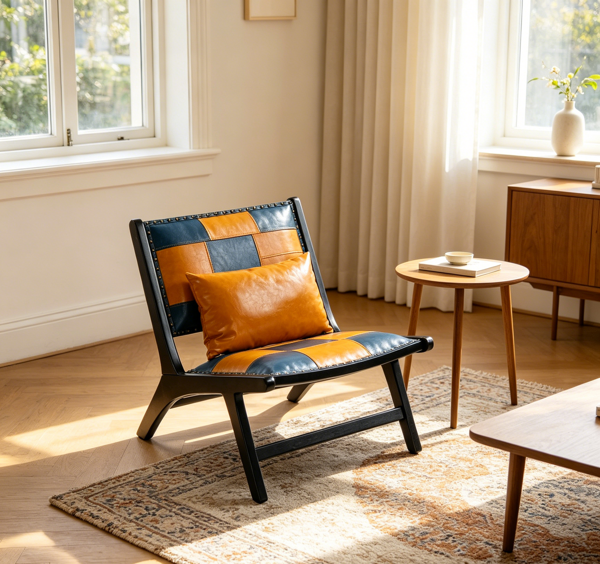 Blue Vegan Leather Accent Chair, Mid-Century