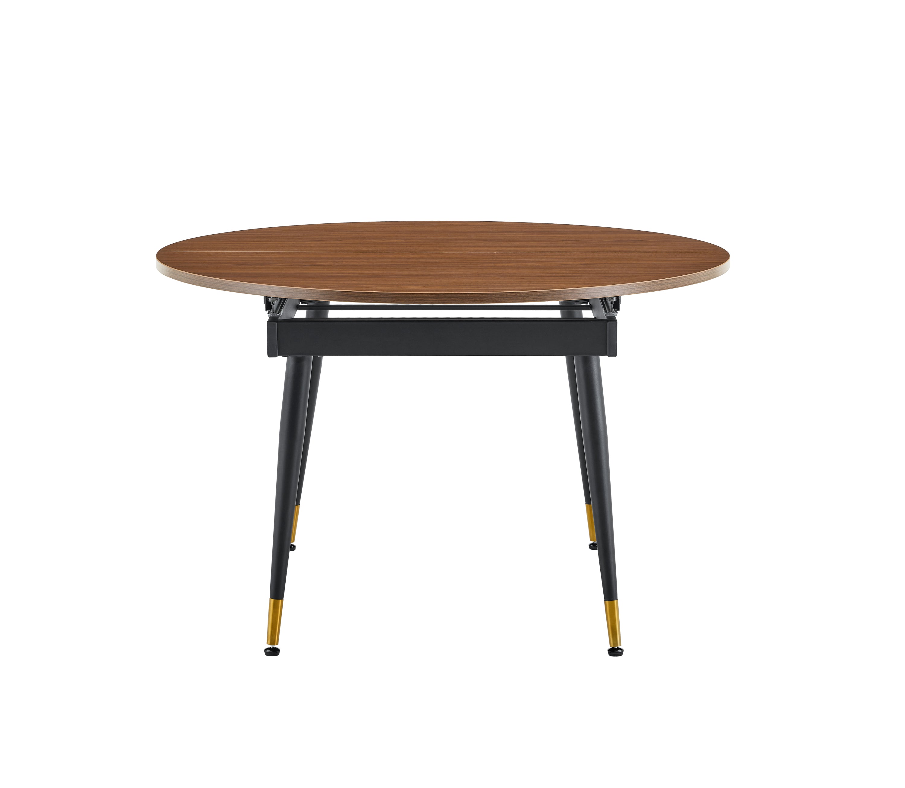 Front studio elevation of the walnut round table closed, black legs with gold feet