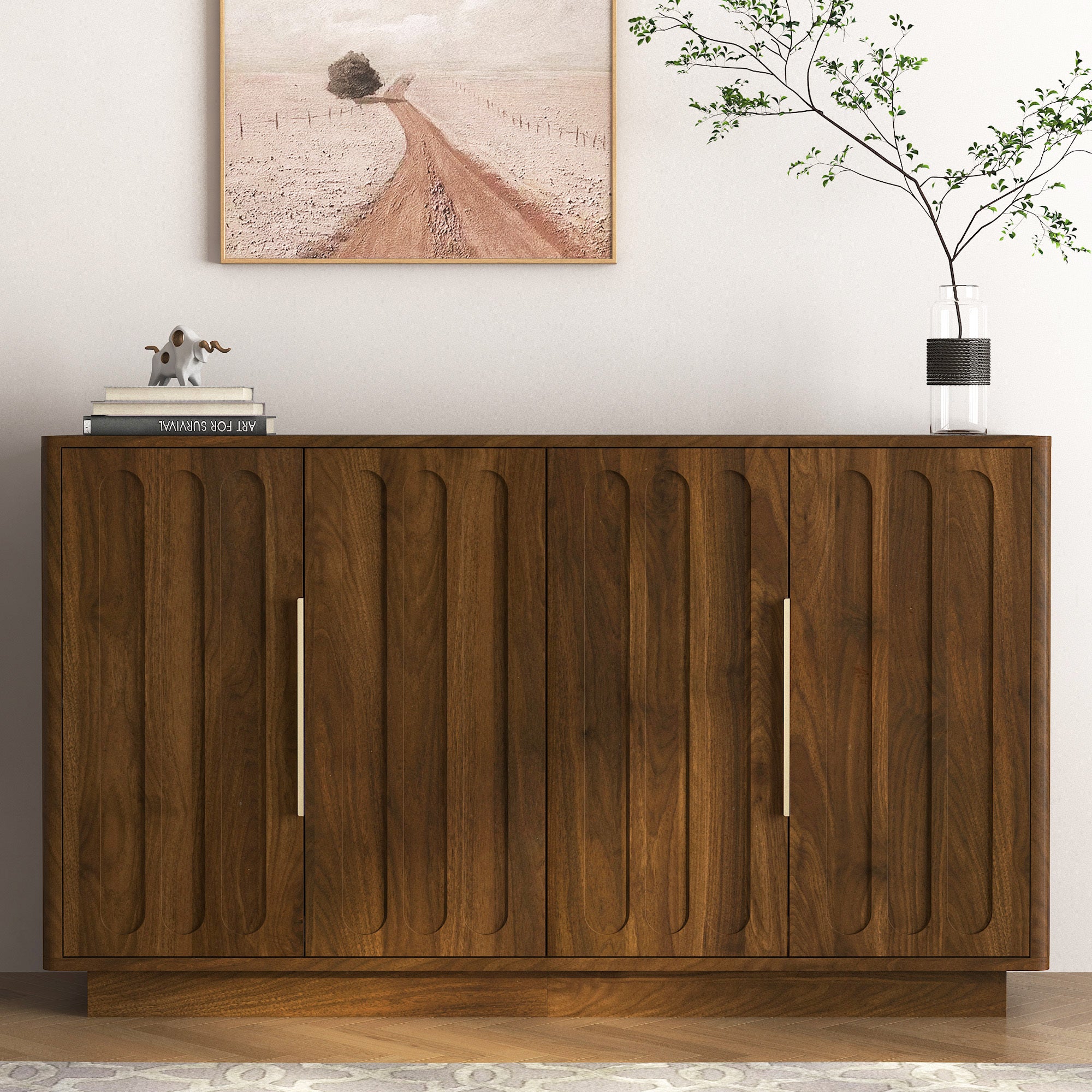 Walnut Fluted Sideboard Buffet 55 in, 4 Paneled Doors, 2 Cabinets