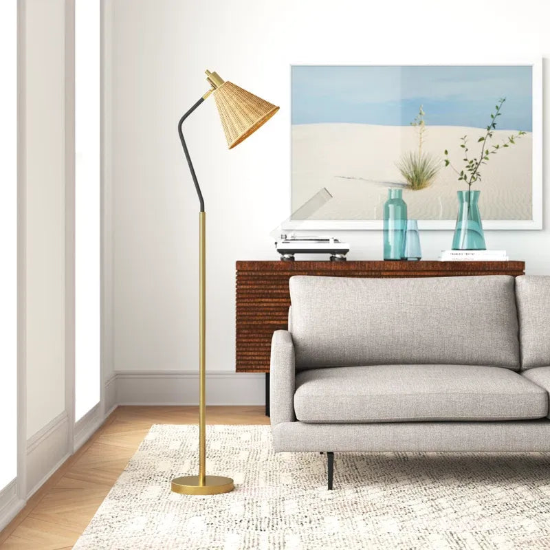 Floor Lamp with Rattan Shade, Gold Iron Frame