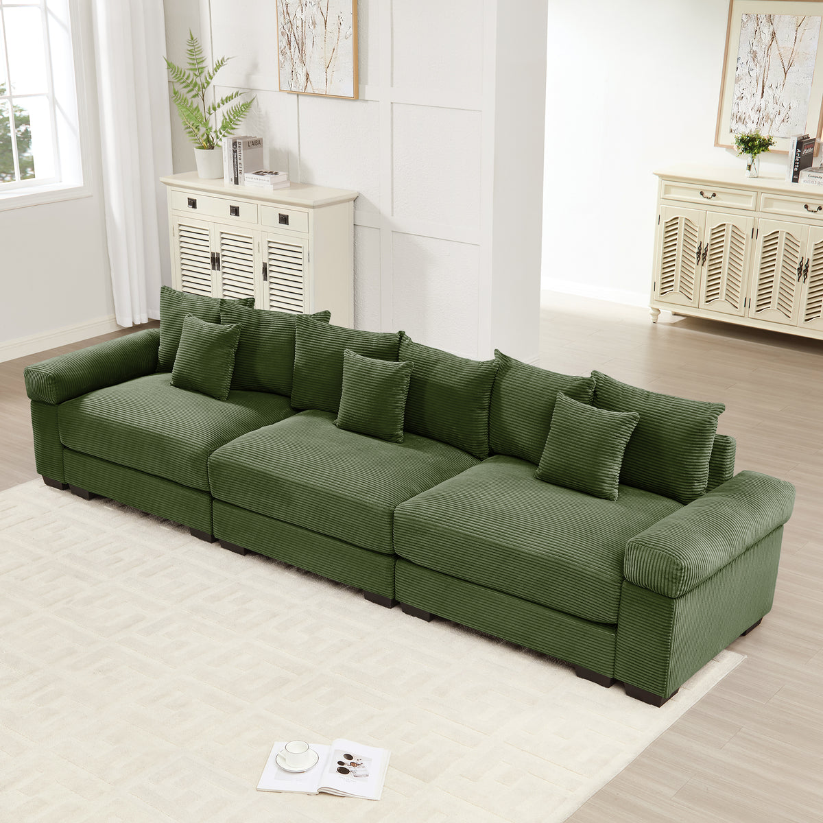 Green Corduroy Modular Sectional, 130 in Wide