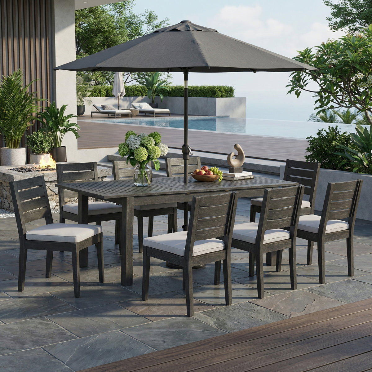 Dark Gray Solid Wood 9-Piece Patio Dining Set for 8 with Cushions
