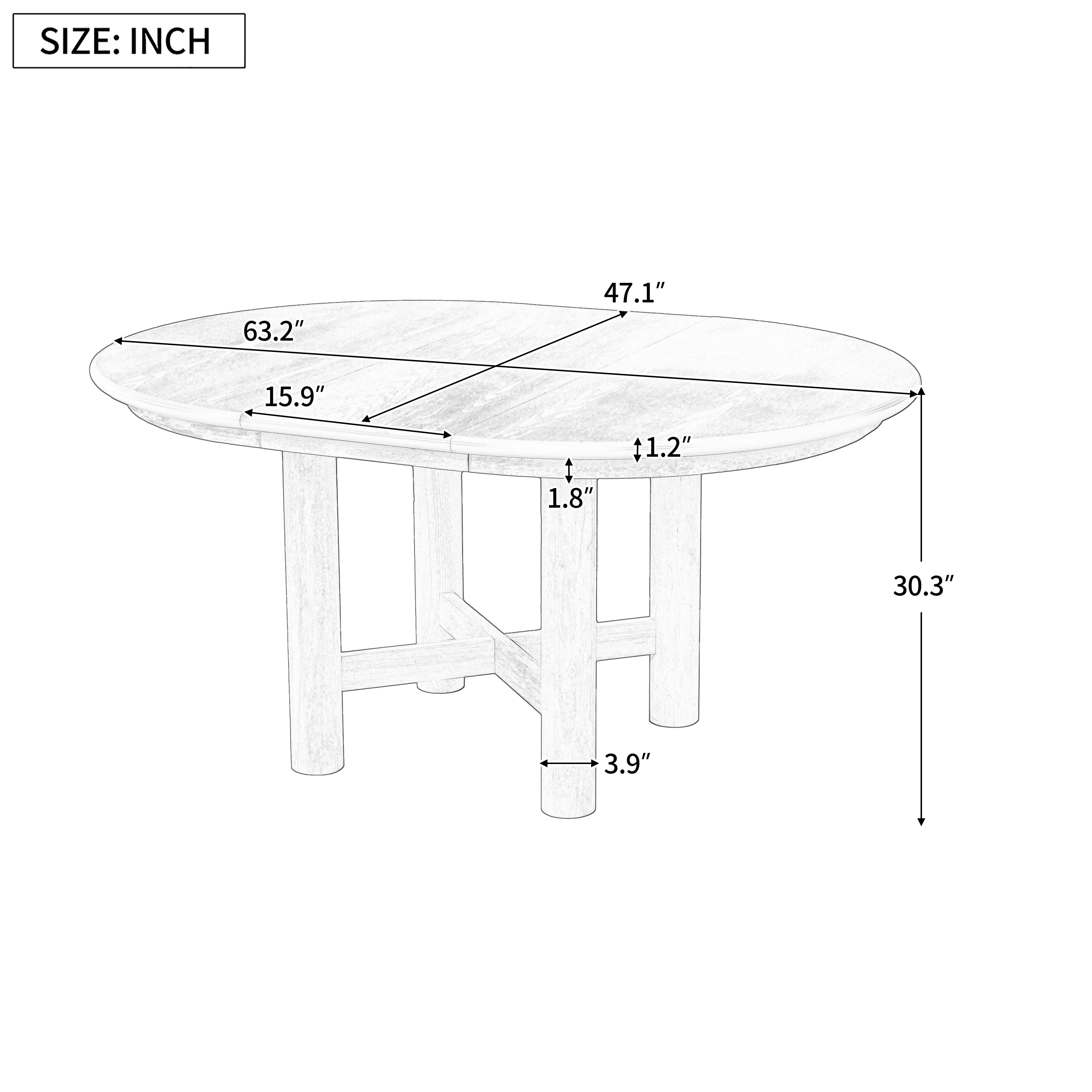 Dimension diagram of the oval extendable table showing 63.2in length, 47.1in width and 30.3in height
